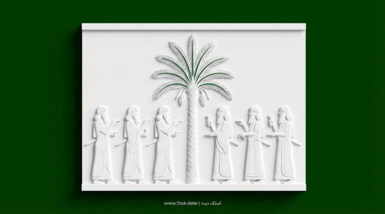 تصویری گرافیکی و سه بعدی، که تمثیلی است از تاریخ خرما و اهمیت نخل، در تمدن بابل و همچنین هخامنشیان